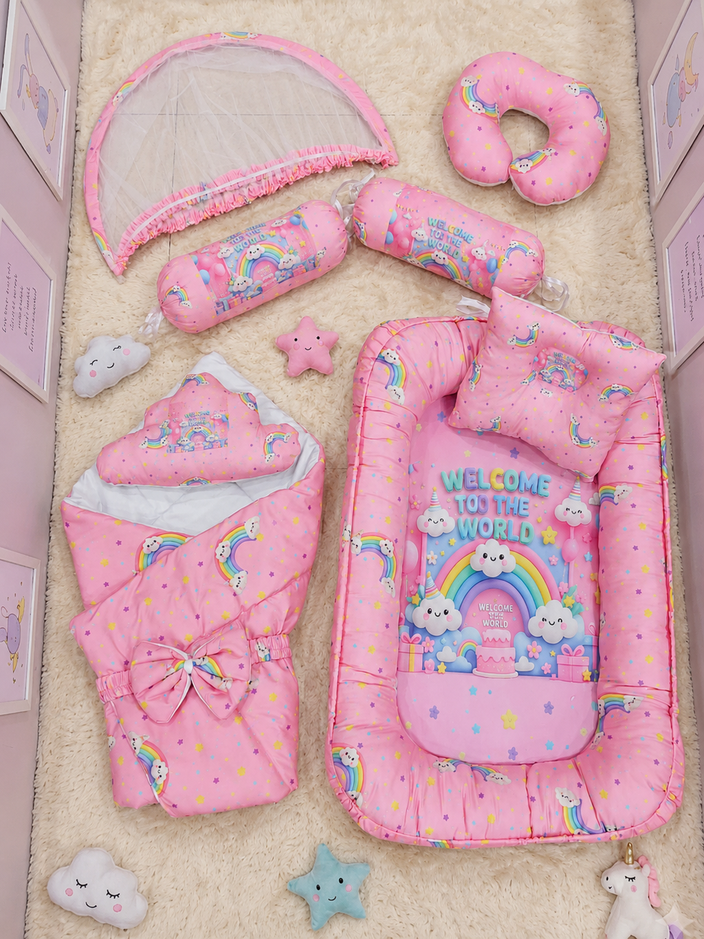 MotherTouch 9pcs Baby Bedding Set Pink